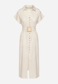 Born2be - Jasnobeżowa Bawełniana Sukienka Koszulowa na Krótki Rękaw z Dodatkowym Paskiem Callira. Okazja: na co dzień, na spacer. Kolor: beżowy. Materiał: bawełna. Długość rękawa: krótki rękaw. Typ sukienki: koszulowe. Styl: casual, elegancki #3