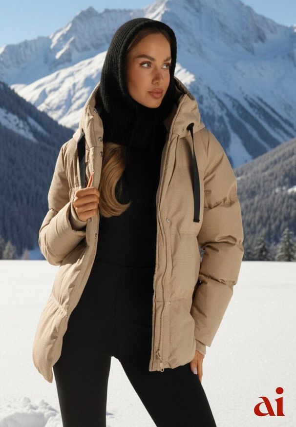 Renee - Ciemnobeżowa Kurtka Basic Pikowana z Nieodpinanym Kapturem Vertirya. Okazja: na co dzień. Kolor: beżowy. Materiał: dzianina, jeans. Styl: casual, sportowy