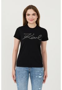 Karl Lagerfeld - KARL LAGERFELD Czarny damski t-shirt Rhinestone Logo, Rozmiar XS. Kolor: czarny