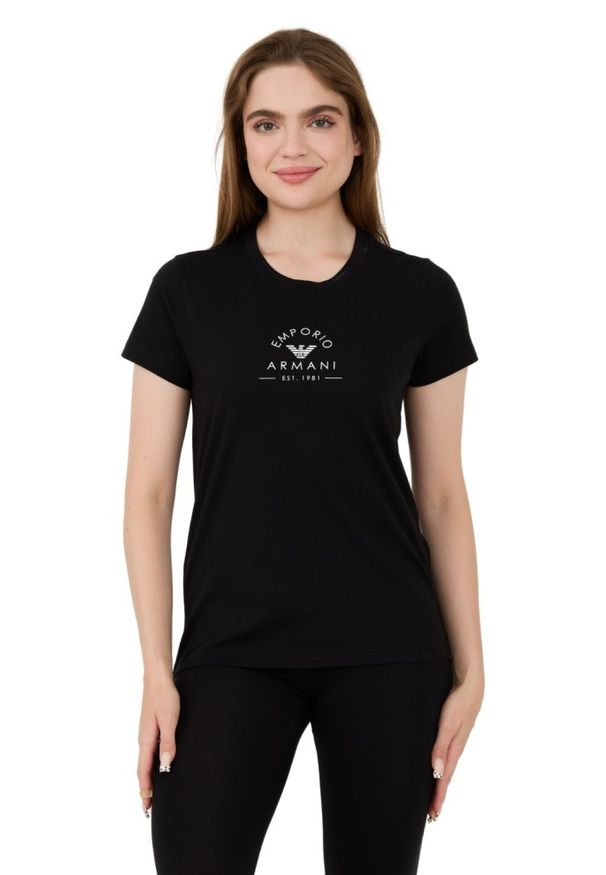 Emporio Armani - EMPORIO ARMANI Czarny damski t-shirt Uni Logo Printe, Rozmiar M. Kolor: czarny