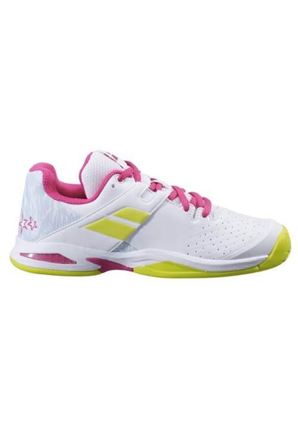 Buty do tenisa dla dzieci Babolat Propulse Allcourt. Zapięcie: sznurówki. Kolor: biały, wielokolorowy. Materiał: materiał, syntetyk, tkanina. Szerokość cholewki: normalna. Sport: tenis