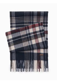 Ombre Clothing - Męski szalik z frędzlami w szkocką kratę – granatowo-kremowy V3 OM-ACSF-0113 - uniwersalny. Okazja: na co dzień. Kolor: niebieski. Materiał: wiskoza, tkanina, poliester, materiał. Styl: casual #4