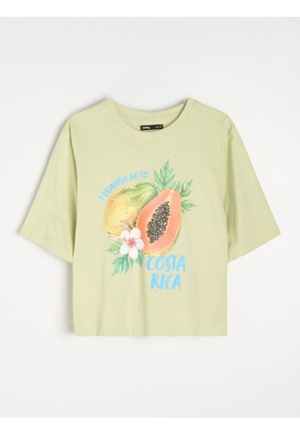 Sinsay - Bawełniana koszulka z nadrukiem owocowym - zielony. Kolor: zielony. Materiał: bawełna. Wzór: nadruk