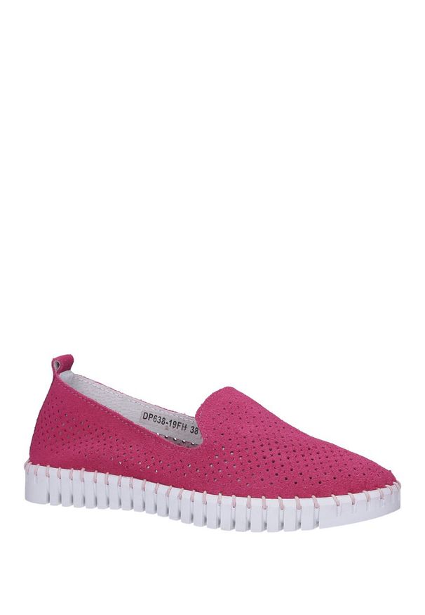 Casu - Fuksjowe półbuty slip on ażurowe skórzane zamszowe casu dp638/19fh. Zapięcie: bez zapięcia. Kolor: różowy. Materiał: zamsz, skóra. Wzór: ażurowy