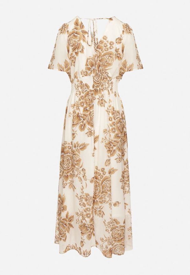 Born2be - Jasnobeżowa Sukienka w Kwiaty o Rozkloszowanym Kroju z Wiązaniem Raloiti. Okazja: na co dzień. Typ kołnierza: dekolt w kształcie V. Kolor: beżowy. Wzór: kwiaty. Typ sukienki: rozkloszowane. Styl: elegancki, casual