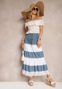 Renee - Niebiesko-Biała Spódnica z Bawełny w Stylu Boho z Gumką i Sznurkiem w Talii Uvinia. Kolor: niebieski. Materiał: bawełna. Sezon: lato. Styl: boho #5