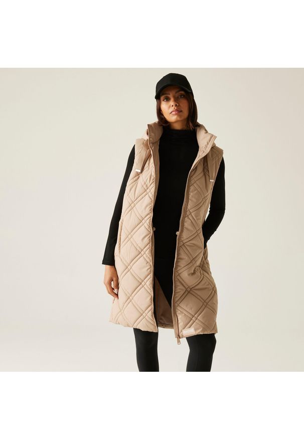 Regatta - Kamizelka damska ocieplana długa Rurietta. Kolor: beżowy. Materiał: puch. Długość rękawa: bez rękawów. Długość: długie. Styl: elegancki