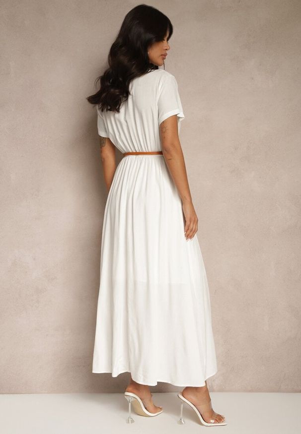 Renee - Biała Koszulowa Sukienka z Wiskozy z Cienkim Paskiem Filanella. Okazja: na co dzień. Kolor: biały. Materiał: wiskoza. Długość rękawa: krótki rękaw. Typ sukienki: koszulowe. Styl: casual, klasyczny