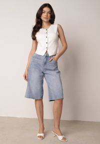 Born2be - Niebieskie Jeansowe Szorty z Bawełny w Stylu Bermudów z Szerokimi Nogawkami Neamemenis. Okazja: na co dzień, na spacer, na imprezę. Kolekcja: plus size. Kolor: niebieski. Materiał: bawełna, jeans. Sezon: lato. Styl: elegancki, casual #4