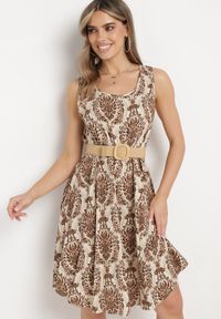 Born2be - Beżowo-Brązowa Rozkloszowana Sukienka z Bawełny bez Rękawów Horrilla. Kolor: beżowy. Materiał: bawełna. Długość rękawa: bez rękawów. Sezon: lato. Styl: boho #6