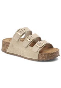 Klapki damskie Yokono, cholewka ze skóry naturalnej odkryty fason trzy regulowane paski z klamrami, beżowe, Wiwi-263. Kolor: beżowy. Materiał: skóra. Wzór: paski #1