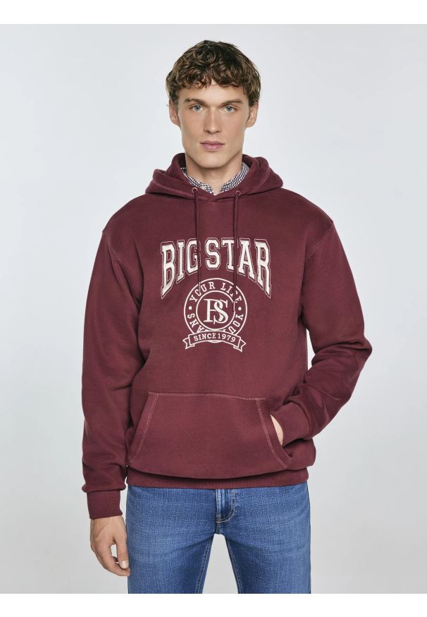 Big-Star - Bluza męska z kapturem z haftem bordowa Adam 604. Typ kołnierza: kaptur. Kolor: czerwony. Materiał: dzianina. Wzór: haft