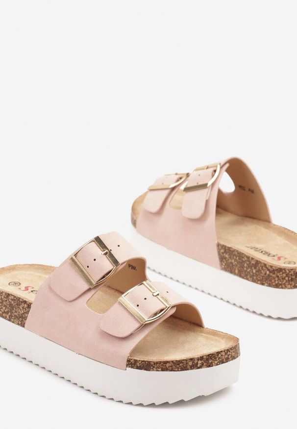 Renee - Różowe Klapki z Klamrami i Dwoma Paskami Landisa. Okazja: na co dzień. Kolor: różowy. Materiał: jeans. Wzór: paski. Styl: casual, elegancki