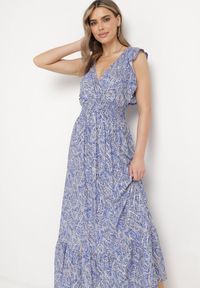 Born2be - Niebieska Bawełniana Sukienka z Metalicznym Nadrukiem z Gumkami w Pasie z Kopertowym Dekoltem Folia. Okazja: na co dzień, na spacer. Typ kołnierza: dekolt kopertowy, kołnierz z falbankami. Kolor: niebieski. Materiał: bawełna. Wzór: nadruk. Typ sukienki: kopertowe. Styl: klasyczny, casual #6