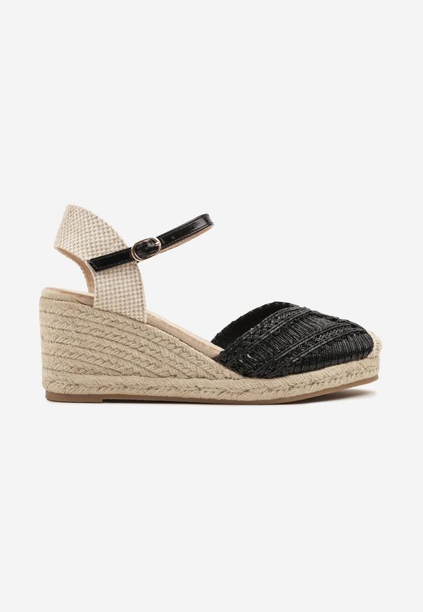 Renee - Czarne Sandały na Koturnie w Stylu Boho z Plecioną Cholewką Ralisses. Okazja: na co dzień. Kolor: czarny. Materiał: len. Sezon: lato. Obcas: na koturnie. Styl: boho