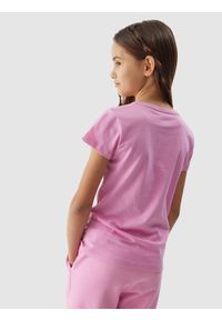 4F JUNIOR - T-shirt z bawełny organicznej dziewczęcy - różowy. Okazja: na co dzień. Kolor: różowy. Materiał: bawełna. Długość rękawa: krótki rękaw. Długość: krótkie. Wzór: ze splotem, nadruk, kwiaty, gładki. Sezon: lato. Styl: casual, sportowy