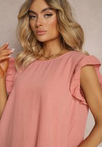 Renee - Różowa Sukienka o Rozkloszowanym Kroju z Krótkim Rękawem i Falbankami Lavolia. Okazja: na co dzień. Typ kołnierza: kołnierz z falbankami. Kolor: różowy. Długość rękawa: krótki rękaw. Wzór: aplikacja. Styl: wizytowy, elegancki, casual #4