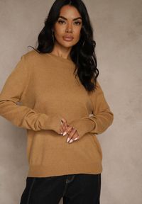 Renee - Brązowy Klasyczny Sweter z Wełną i Bawełną Bez Zdobień Neandia. Kolor: brązowy. Materiał: wełna, bawełna. Wzór: aplikacja. Styl: klasyczny #4
