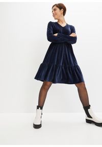 bonprix - Sukienka mini z elastycznego aksamitu. Kolor: niebieski. Materiał: sztruks. Długość: mini #3
