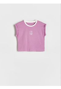 Reserved - T-shirt z haftem - fioletowy. Kolor: fioletowy. Materiał: bawełna. Wzór: haft