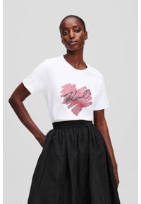 Karl Lagerfeld - KARL LAGERFELD Biały damski t-shirt z cyrkoniami Hearts RS, Rozmiar S. Kolor: biały. Materiał: materiał. Długość rękawa: krótki rękaw. Długość: krótkie. Styl: elegancki