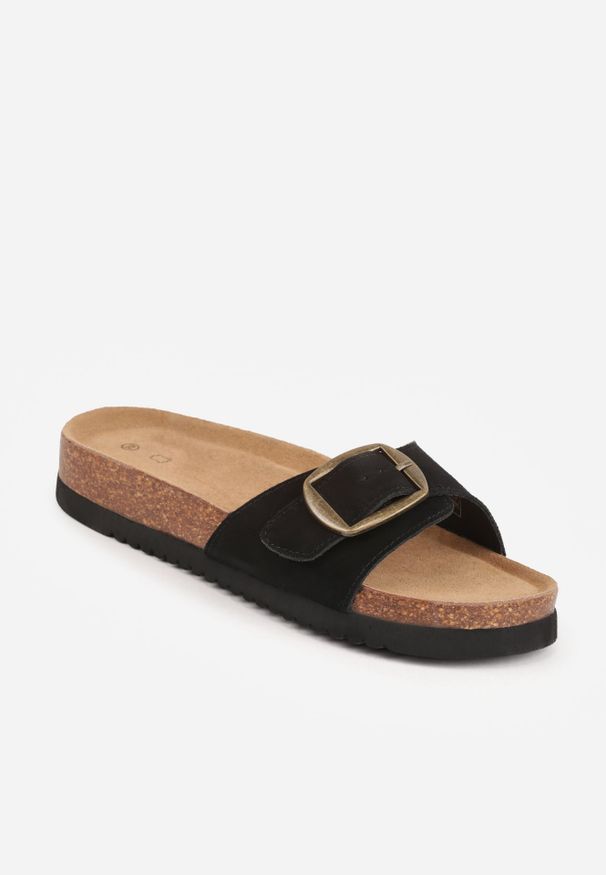 Renee - Czarne Klapki z Zamszu Naturalnego na Korkowej Platformie z Klamrą Ariessea. Kolor: czarny. Materiał: zamsz. Sezon: lato. Obcas: na platformie. Styl: elegancki