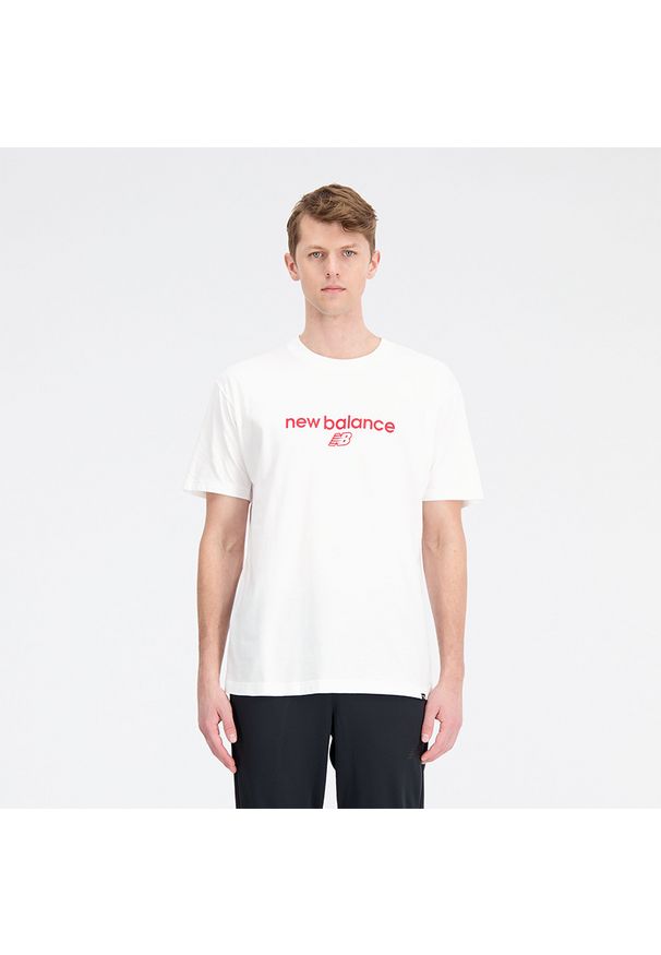 Koszulka męska New Balance MT33529WT – biała. Kolor: biały. Materiał: materiał, bawełna, poliester. Długość rękawa: krótki rękaw. Długość: krótkie. Wzór: napisy