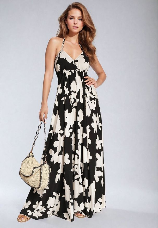 Born2be - Czarno-Biała Rozkloszowana Sukienka z Wiskozy na Ramiączkach w Kwiaty Nansora. Okazja: na co dzień. Kolor: czarny. Materiał: wiskoza. Długość rękawa: na ramiączkach. Wzór: kwiaty. Styl: casual, elegancki