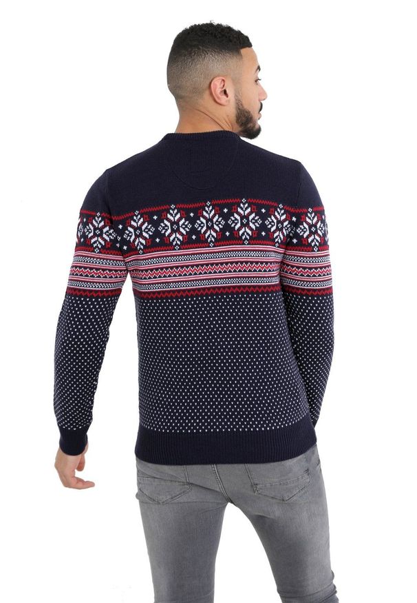 Świąteczy Sweter z Norweskim Wzorem, Granatowy - Brave Soul. Kolor: czerwony, wielokolorowy, niebieski. Materiał: akryl. Styl: wizytowy