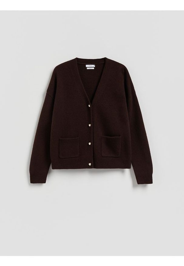 Reserved - Wełniany kardigan - ciemnobrązowy. Kolor: brązowy. Materiał: wełna
