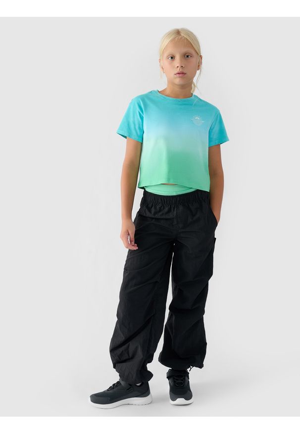 4f - 4F T-shirt cropped z nadrukiem dziewczęcy - multikolor 164 (13-14 lat). Okazja: na co dzień. Kolor: wielokolorowy. Materiał: dzianina, bawełna, jersey. Długość rękawa: krótki rękaw. Długość: krótkie. Wzór: nadruk. Sezon: lato. Styl: sportowy, casual