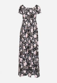 Born2be - Czarno-Biała Rozkloszowana Sukienka w Kwiaty z Marszczonym Dekoltem Disteria. Okazja: na co dzień. Kolor: czarny. Materiał: jeans. Wzór: kwiaty. Sezon: wiosna, lato. Styl: casual, elegancki, vintage #2