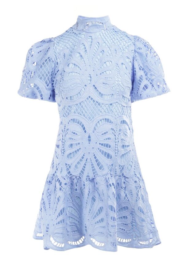 Born2be - Jasnoniebieska Sukienka Cilleis. Typ kołnierza: kołnierzyk stójkowy. Kolor: niebieski. Materiał: koronka. Wzór: ażurowy, aplikacja, koronka. Styl: elegancki. Długość: mini