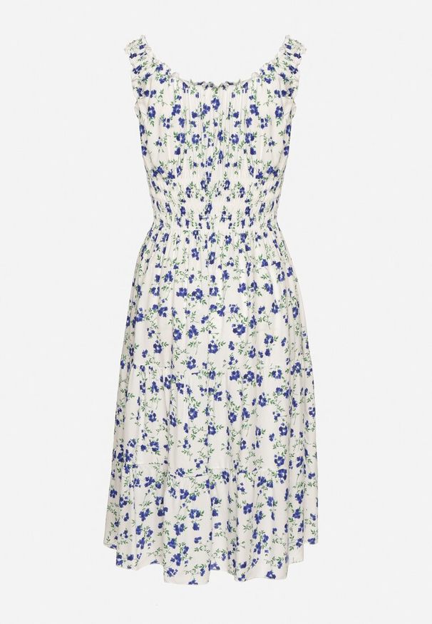 Born2be - Biało-Niebieska Sukienka Rozkloszowana na Ramiączkach w Kwiaty Tallio. Okazja: na co dzień, na spacer, na imprezę. Typ kołnierza: dekolt kwadratowy. Kolor: biały. Materiał: jeans. Długość rękawa: na ramiączkach. Wzór: kwiaty. Typ sukienki: rozkloszowane, proste. Styl: klasyczny, casual