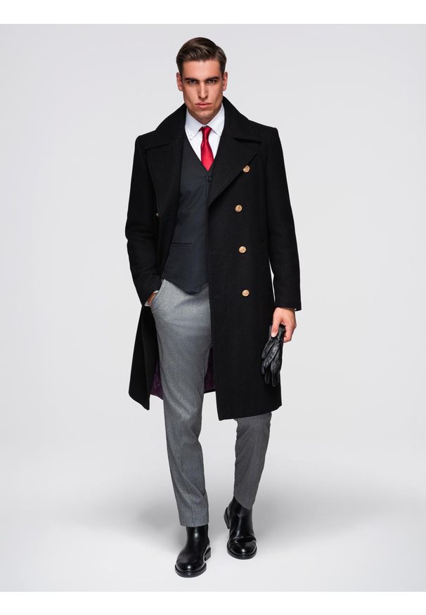 Ombre Clothing - Elegancki militarny dwurzędowy płaszcz męski z wełną - czarny V1 - Rozmiar: L. Okazja: do pracy. Typ kołnierza: dekolt w karo. Kolor: czarny. Materiał: wełna. Wzór: moro. Sezon: jesień. Styl: elegancki, militarny