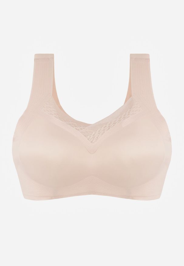 Born2be - Beżowy Biustonosz Sportowy z Siateczką i Usztywnionymi Miseczkami Zerirae. Kolor: beżowy. Materiał: dresówka. Rodzaj stanika: wyciągane miseczki