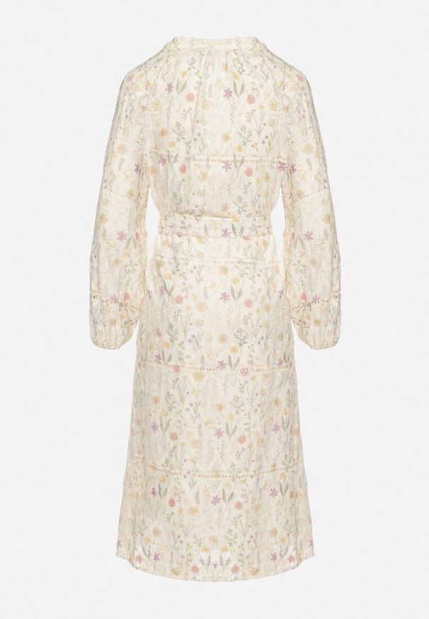 Born2be - Beżowa Rozkloszowana Sukienka w Kwiaty z Paskiem w Talii Dimtia. Okazja: na co dzień. Typ kołnierza: dekolt w kształcie V. Kolor: beżowy. Wzór: kwiaty. Sezon: wiosna, lato. Typ sukienki: proste. Styl: elegancki, casual