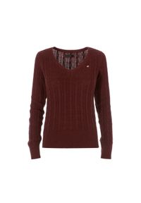Ochnik - Bordowy sweter dekolt V damski. Kolor: czerwony. Materiał: bawełna. Długość: długie. Wzór: ze splotem. Sezon: zima #3