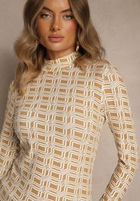 Renee - Biało-Beżowa Bluzka Longsleeve z Golfem z Bawełny w Geometryczny Print Zadanevia. Okazja: na spacer, na co dzień. Typ kołnierza: golf. Kolor: biały. Materiał: bawełna. Długość rękawa: długi rękaw. Wzór: geometria, nadruk. Styl: elegancki, casual #4