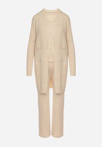 Born2be - Jasnobeżowy Komplet Dzianinowy z Bawełną Spodnie Kamizelka i Długi Kardigan Meviravia. Kolor: beżowy. Materiał: bawełna, dzianina #6