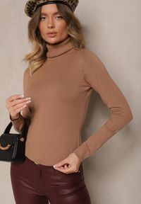 Renee - Brązowy Casualowy Golf z Wiskozą i Modalem Lannetora. Okazja: na co dzień. Typ kołnierza: golf. Kolor: beżowy. Materiał: wiskoza. Wzór: aplikacja, gładki. Styl: casual #5