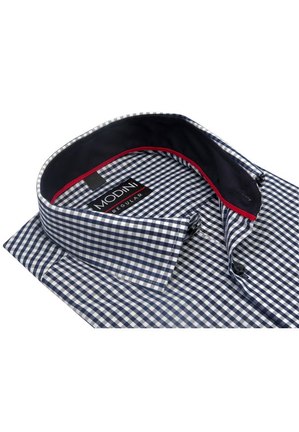 Granatowa koszula męska Modini w kratkę Vichy DD4 - 100% bawełna. Okazja: na co dzień. Typ kołnierza: button down. Kolor: niebieski. Materiał: bawełna. Długość: długie. Wzór: kratka. Styl: casual, elegancki