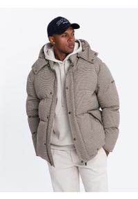 Ombre Clothing - Mocno ocieplana męska kurtka typu puffer w pepitkę – brązowa V1 OM-JAHP-0174 - XXL. Typ kołnierza: kołnierzyk stójkowy. Kolor: brązowy. Materiał: skóra, syntetyk, poliester, materiał. Długość: długie. Wzór: aplikacja