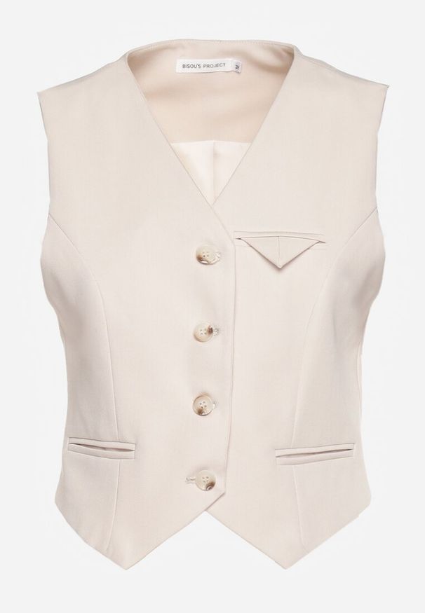 Renee - Beżowa Kamizelka w Stylu Garniturowym z Imitacją Kieszonek Odinen. Kolor: beżowy. Styl: elegancki