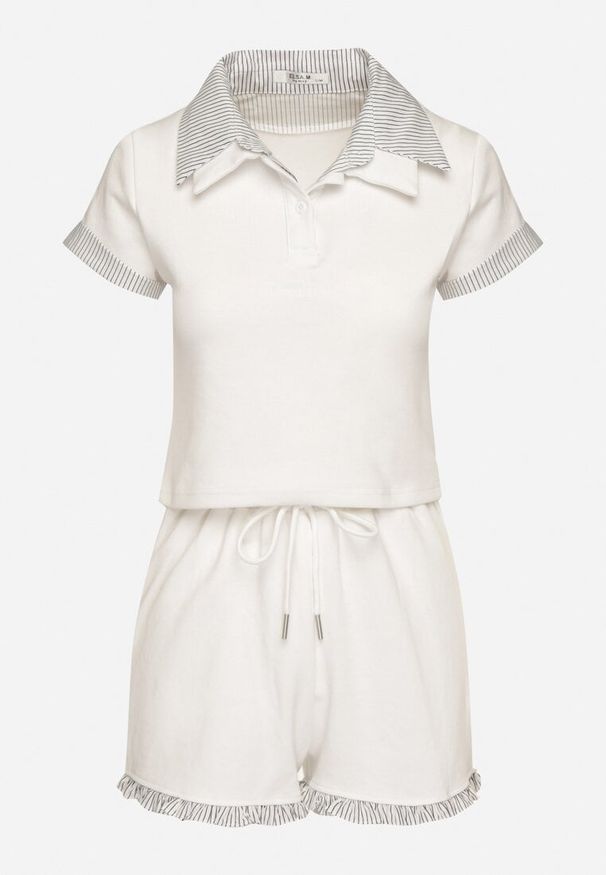 Born2be - Biały Bawełniany Komplet Szorty i Bluzka Typu Polo Addoria. Kolor: biały. Materiał: bawełna