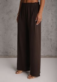 Renee - Brązowy Letni Komplet z Bawełny Spodnie Wide Leg i Bluzka Halter z Wiązaniem Apomeda. Kolor: brązowy. Materiał: bawełna #3