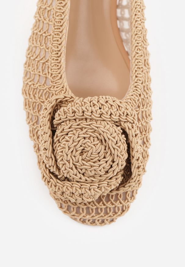 Renee - Brązowe Balerinki Vices z Plecionki Zdobione Wiązaniem i Aplikacją Erezelia. Okazja: na co dzień. Kolor: brązowy. Wzór: aplikacja. Sezon: lato. Styl: elegancki, casual