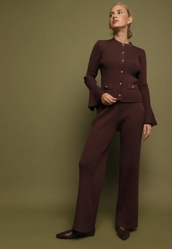 Born2be - Brązowy Dzianinowy Komplet z Wiskozą Kardigan i Szerokie Spodnie Conella. Kolor: brązowy. Materiał: dzianina, wiskoza