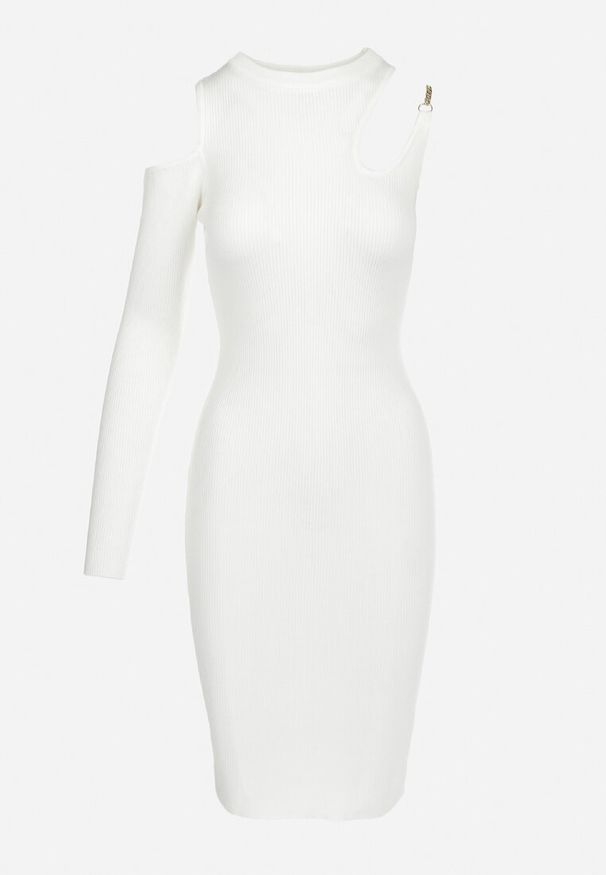 Born2be - Biała Sukienka z Prążkowanej Dzianiny i Wycięciami Hibba. Kolor: biały. Materiał: dzianina, prążkowany. Długość rękawa: na ramiączkach. Styl: elegancki. Długość: midi