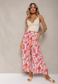 Renee - Beżowo-Różowe Spodnie Kuloty z Wiskozy High Waist z Gumką w Pasie Alaqinta. Okazja: na co dzień. Stan: podwyższony. Kolor: beżowy. Materiał: wiskoza. Styl: elegancki, casual #7
